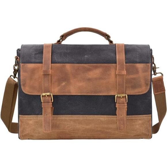 Messenger Bag Waterproof Vintage Genuine Leather Canvas Briefcase Laptop Coffee - Picture 1 of 7